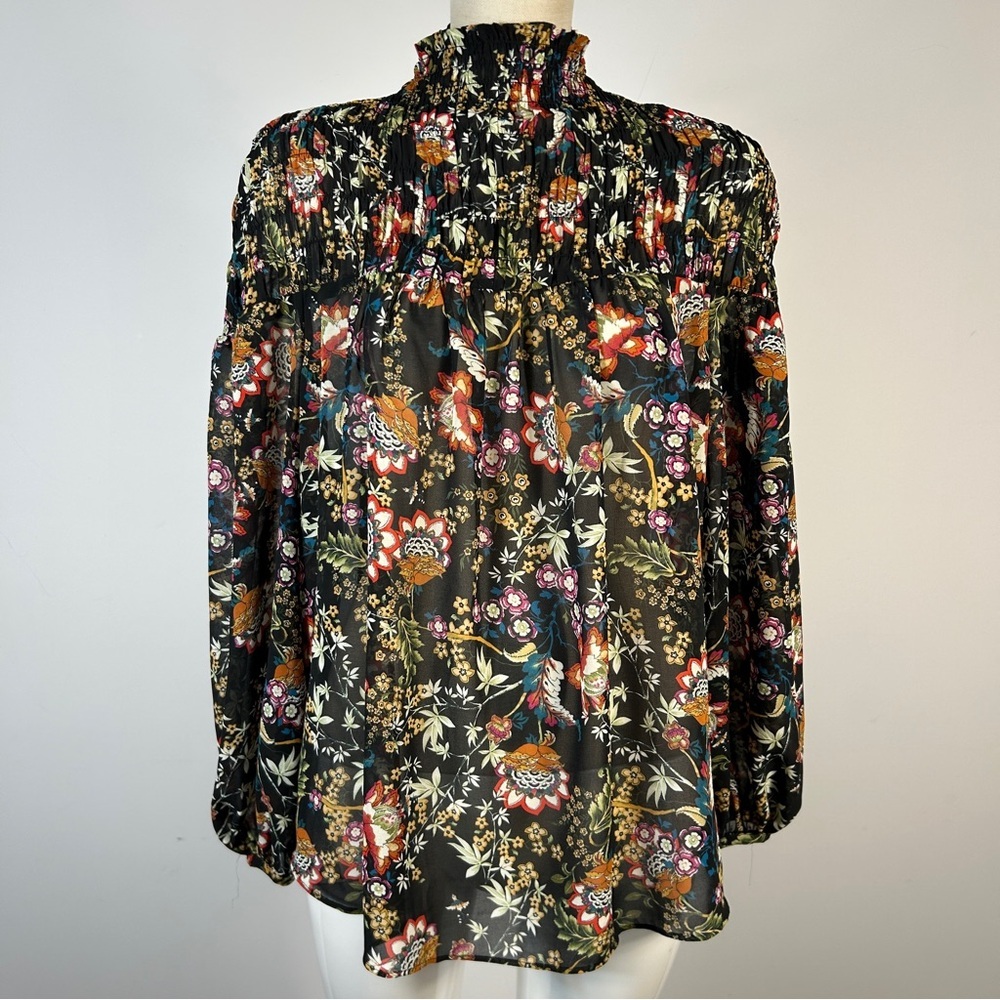 Rose & Olive Black Floral Smocked-Neck Blouse